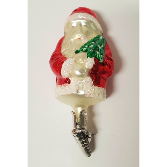 West Germany Other - VTG Santa Christmas Ornament German Glass with Clip Red Coat Holding Green Tree